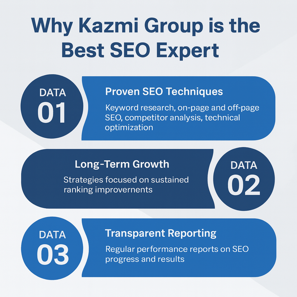 Infographic showing why Kazmi Group is the best SEO expert in Sargodha, highlighting proven SEO techniques, long-term growth, and transparent reporting