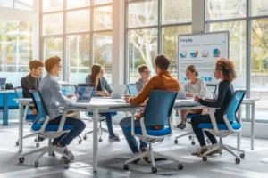 Team of marketing professionals having a strategy meeting in a modern office, discussing digital marketing plans and analytics for 2025.