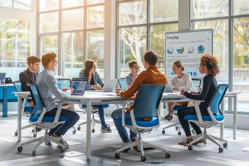 Team of marketing professionals having a strategy meeting in a modern office, discussing digital marketing plans and analytics for 2025.