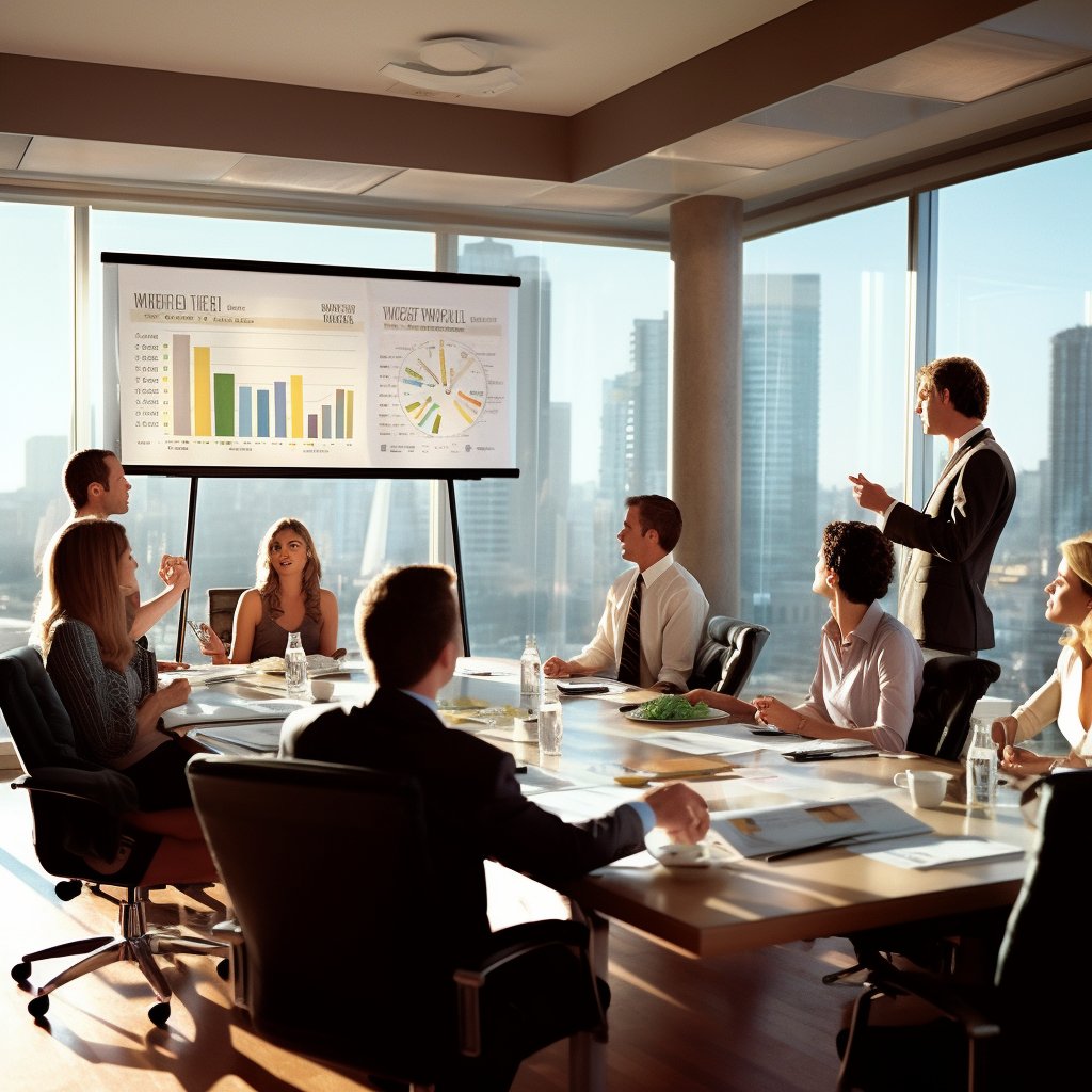 Business meeting in a modern office with a group of professionals gathered around a conference table, viewing a presentation on a large screen showing charts and graphs, while one person stands and explains the data. Sunlight streams through large windows overlooking a city skyline.