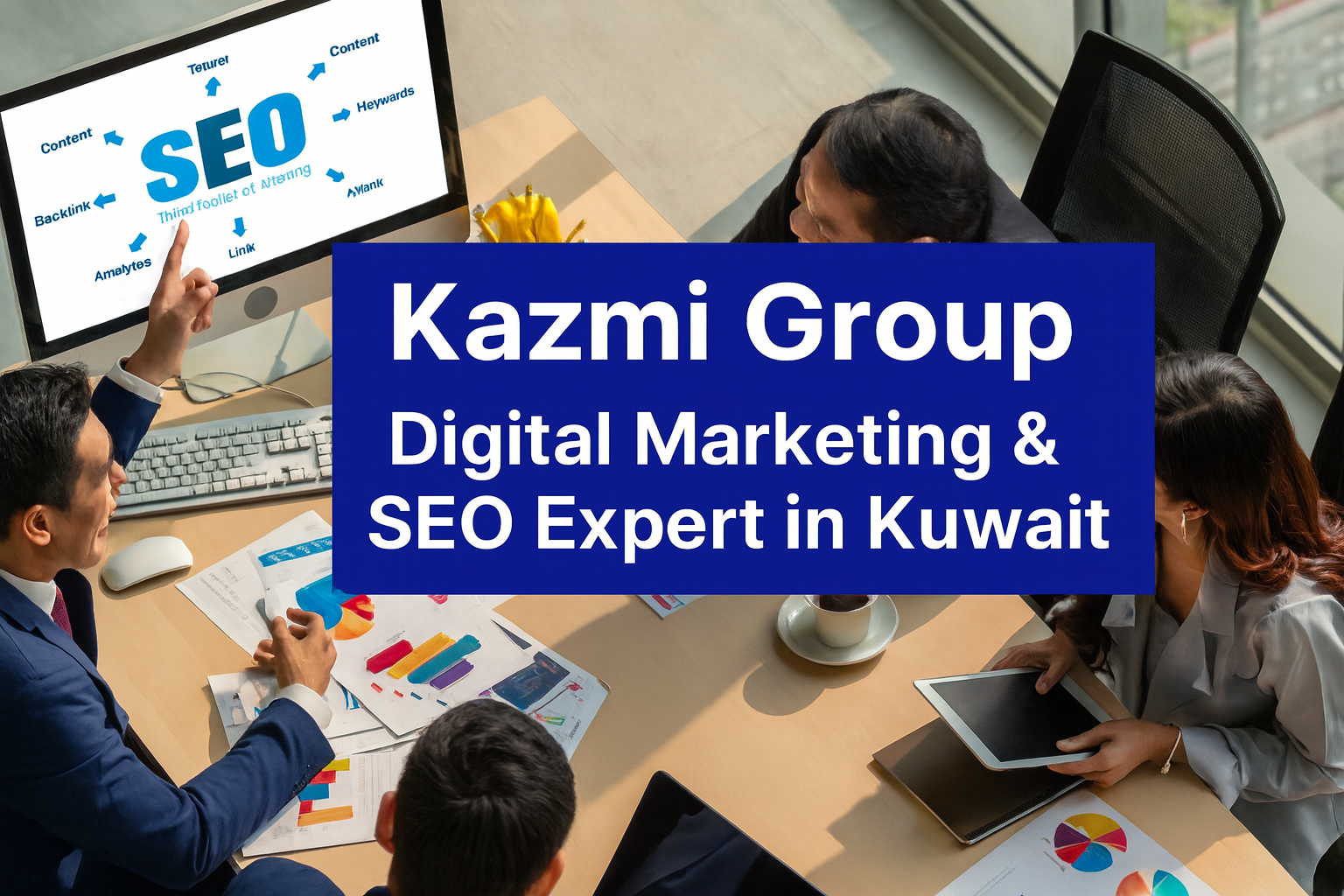 Business team discussing SEO strategy in an office environment – Kazmi Group Digital Marketing and SEO Expert in Kuwait.