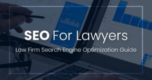 SEO for lawyers graphic showing law firm search engine optimization guide with charts and laptop screen