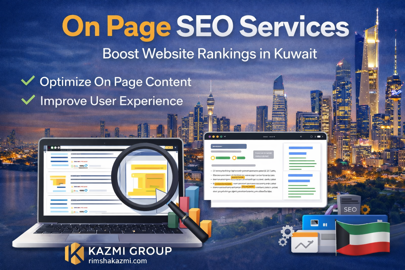 On page SEO services to boost website rankings in Kuwait by Kazmi Group at rimshakazmi.com