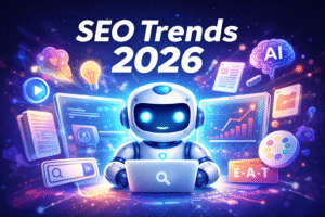Futuristic AI robot with analytics dashboards and search icons showing SEO trends 2026