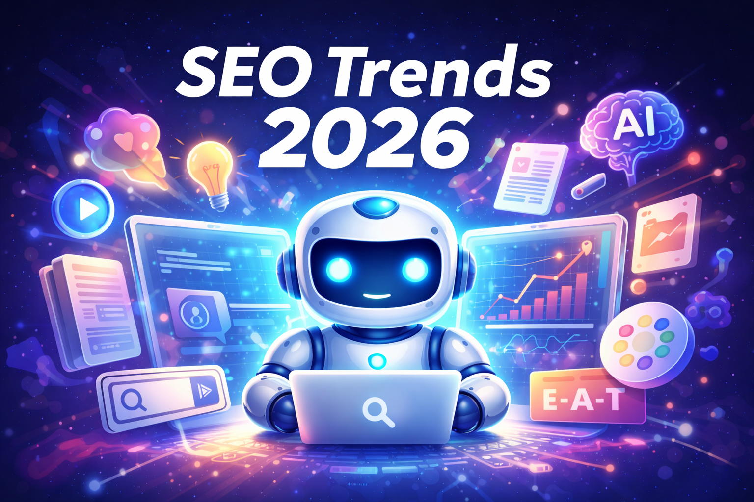 Futuristic AI robot with analytics dashboards and search icons showing SEO trends 2026